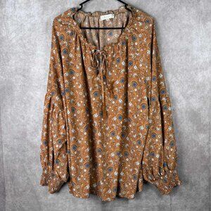 Weekend by Suzanne Betro 4X Boho Floral Peasant Top Rust Brown Long Sleeve Tunic